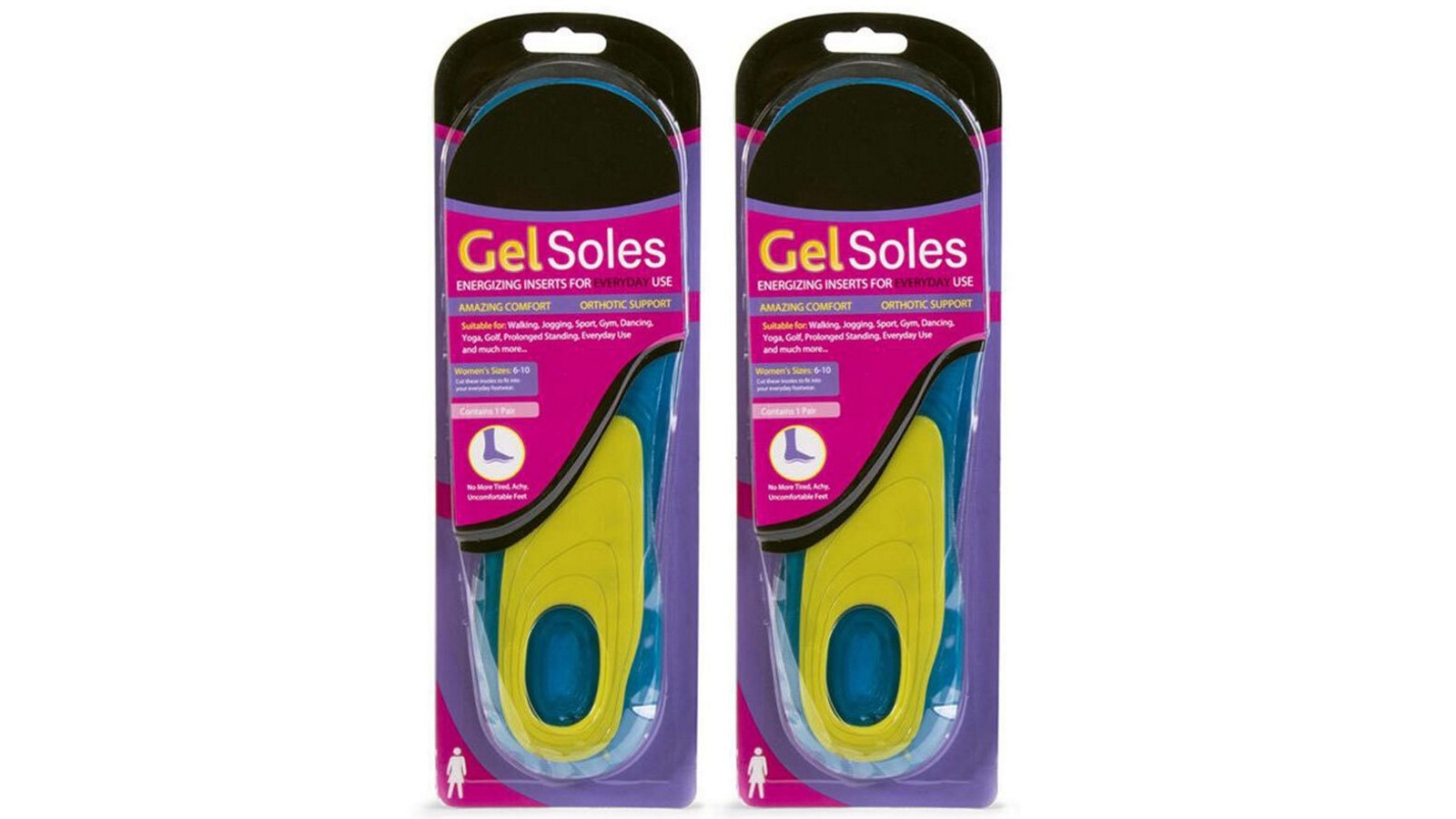 Uniwide 2-Pack Gel Insoles Pair For Female Shoe Sizes 6-10