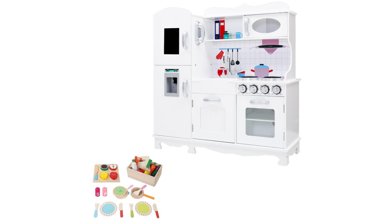 Keezi Wooden Kitchen Play Set with Cooking Food - White