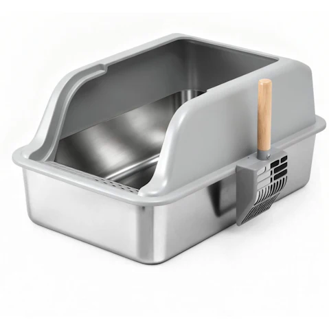i.Pet Large Stainless Steel Semi-Enclosed Cat Litter Box - Grey