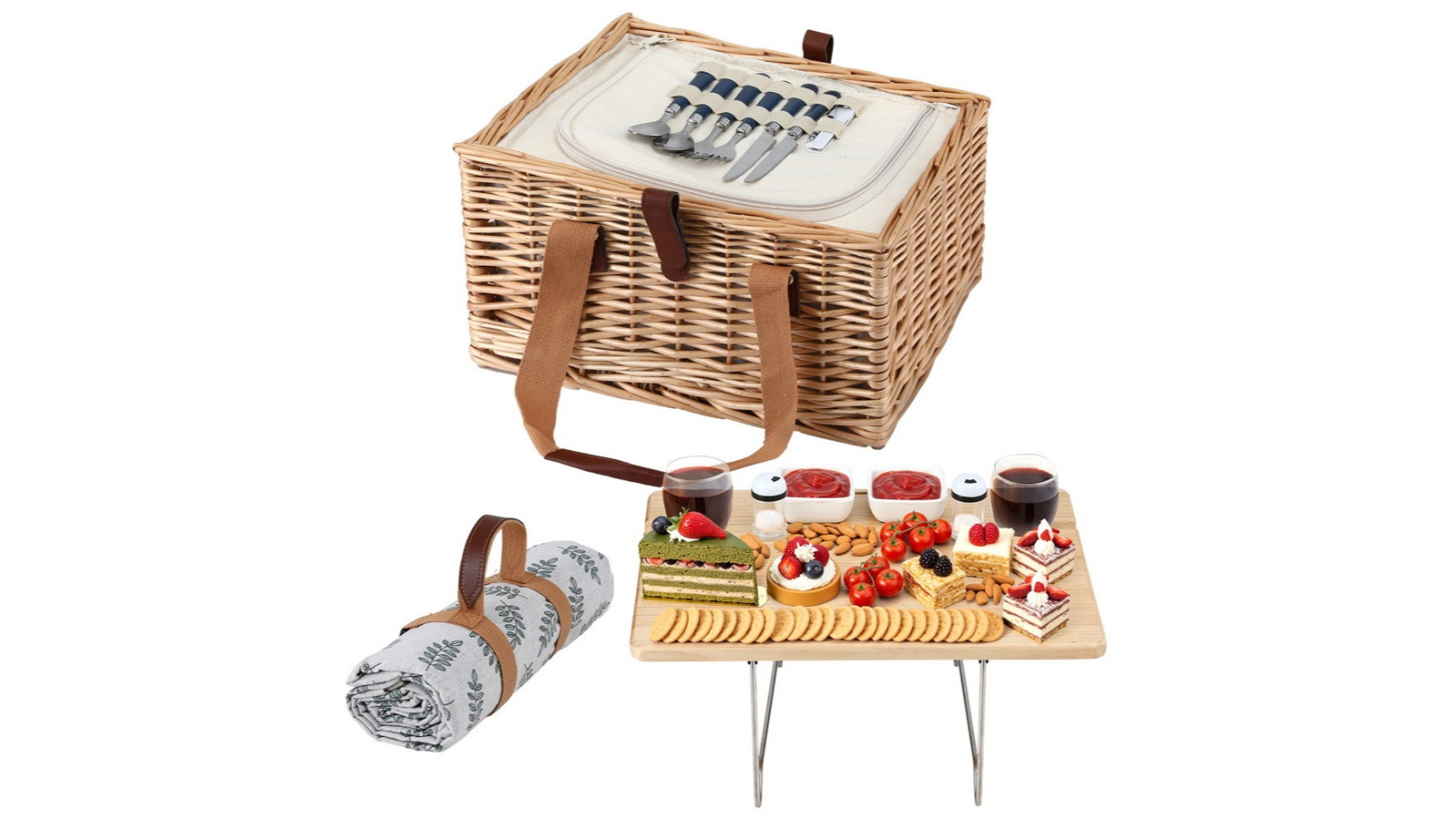 Alfresco 2 Person Wooden Picnic Basket Set with Table Blanket