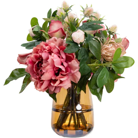 Glamorous Fusion Pink Peony and Rose Artificial Plant in Glass - 36cm