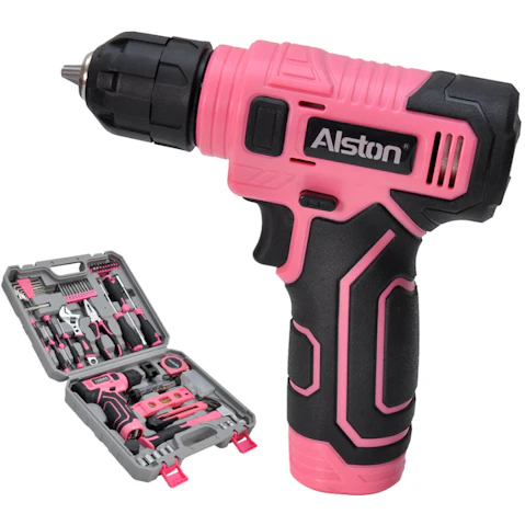 YS 133 Piece Tool Set with 8V Cordless Rechargeable Drill in Carry Case - Pink