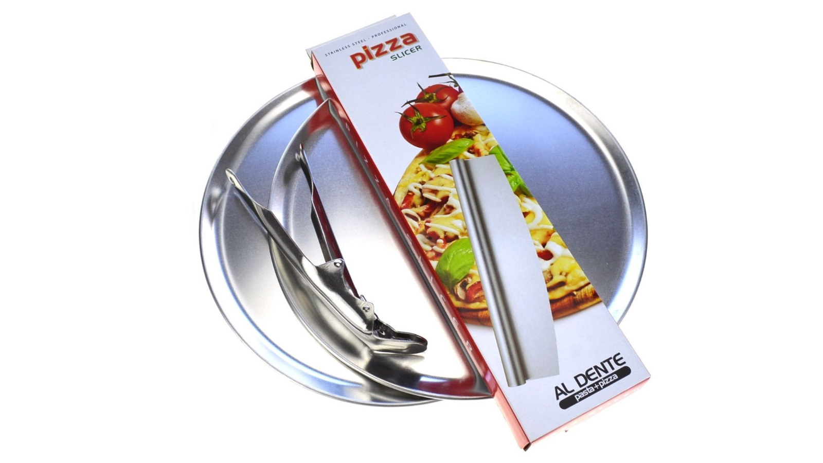 Pizza Flat Pack of 2 Pizza Plates and Rocking Pizza Cutter + Pizza Grippe - 300mm 