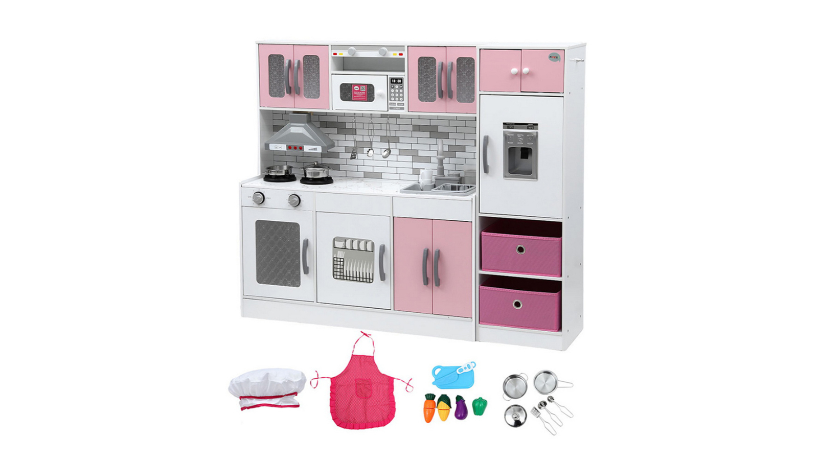 Keezi 100cm 2-Piece Kids Wooden Play Kitchen Set with Coffee Maker Toy - Pink