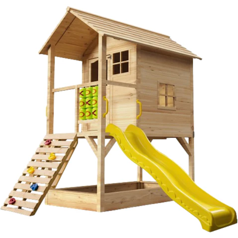 Rovo Kids Wooden Tower Cubby House with Slide Sandpit Climbing Wall - Natural