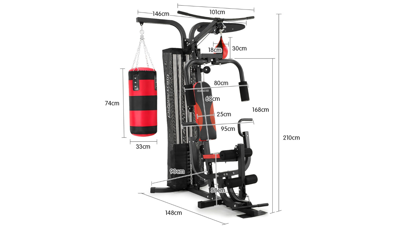 PowerTrain Home Gym Multi Station with 49.90kg Weights Boxing Punching Bag and Speed Bag Harvey Norman