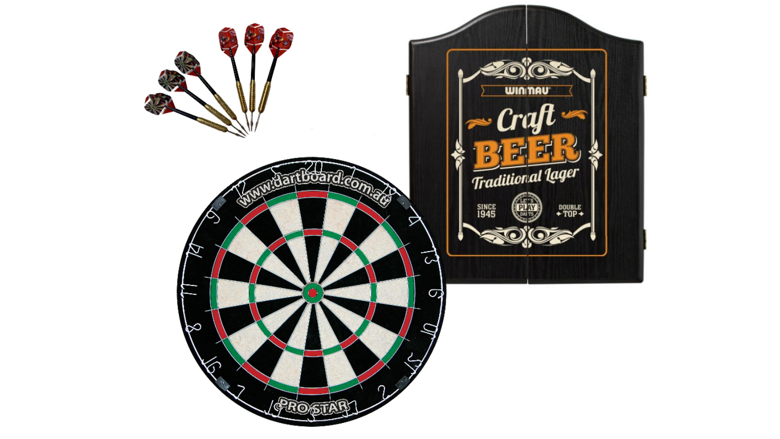 Pro Star Micro Wire Dart Board Set with Winmau Craft Beer Dart Cabinet
