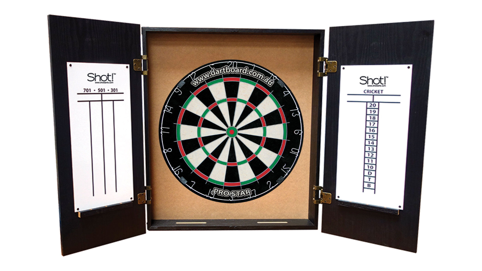 Shot Genuine Bristle Dartboard Quantum Wooden Cabinet Set