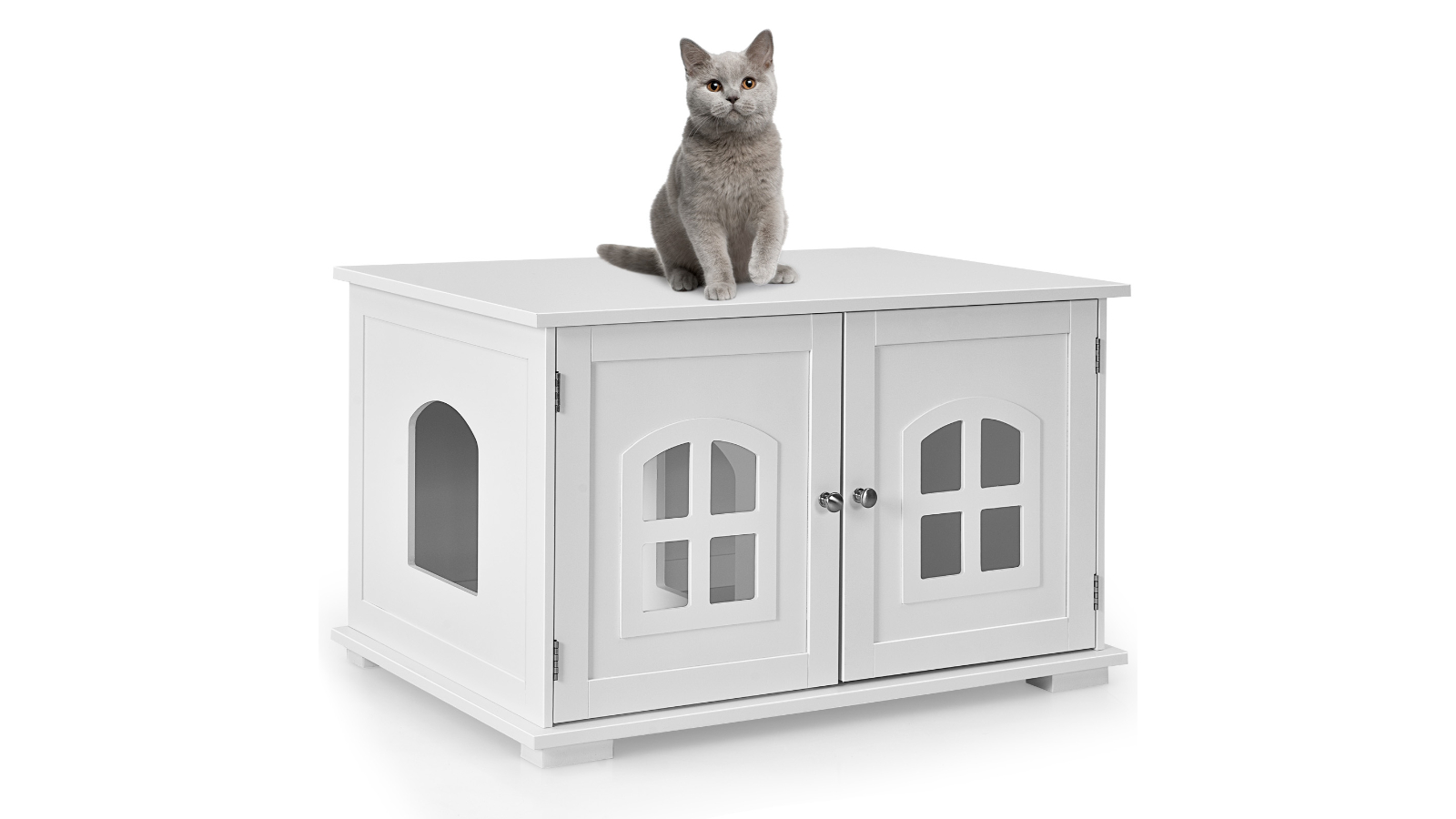 Costway Large Cat Litter Cabinet Wood House with Detachable Divider and 2-Door - White