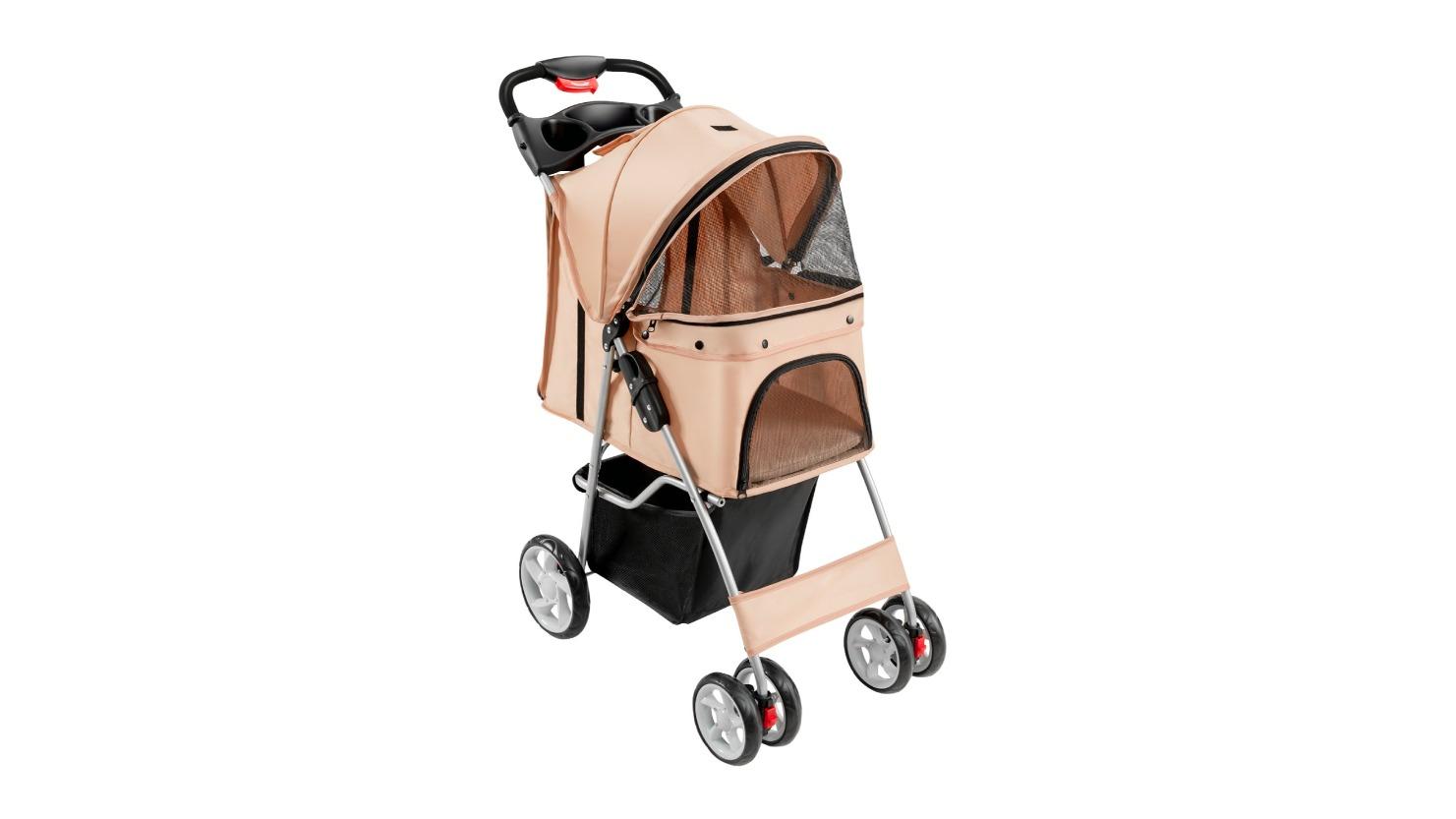 Costway Large Foldable Pet Pram Travel Push Chair with Cup Holder and Storage Basket - Coffee