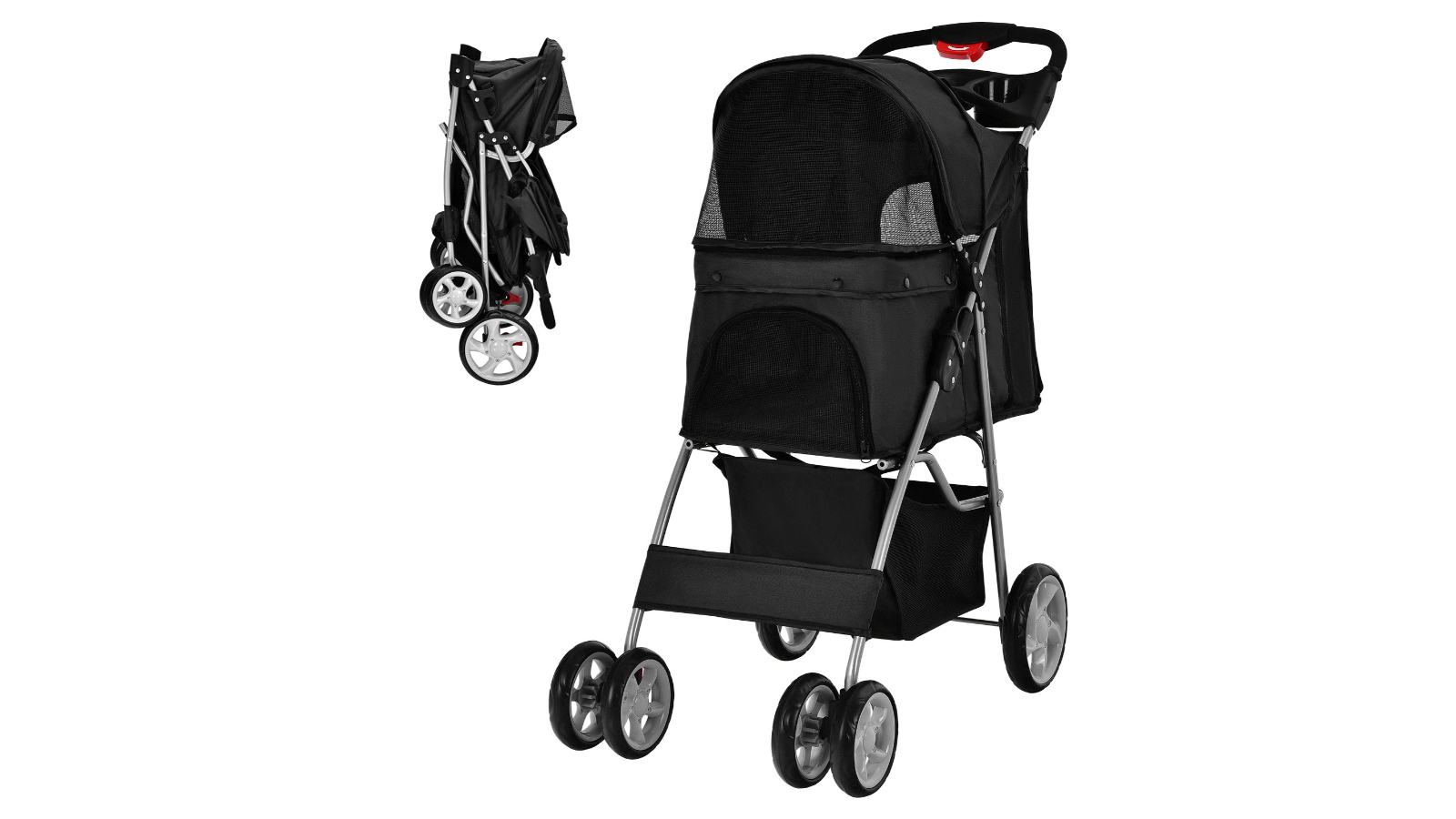 Costway Large Foldable Pet Pram Travel Push Chair with Cup Holder and Storage Basket - Black