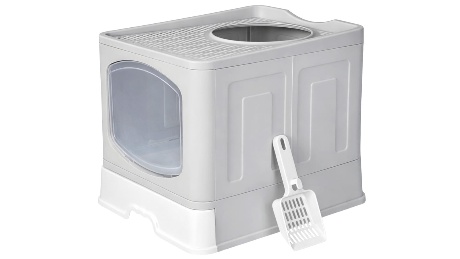 Pawz Large Foldable Top Entry Covered Cat Litter Box with Tray and Scoop - Grey