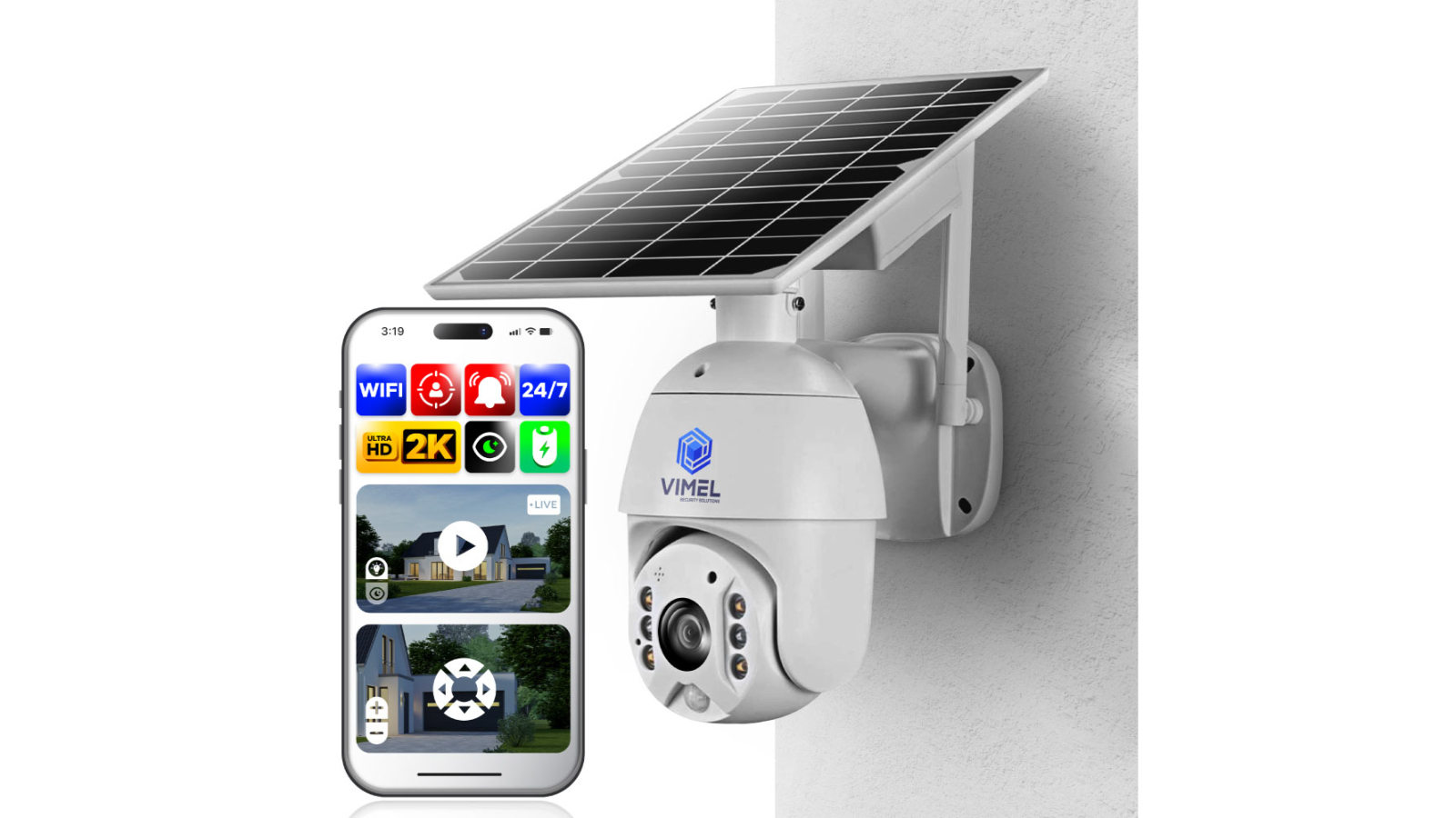 Vimel Solar Battery WIFI 2K Security Camera Alarm System