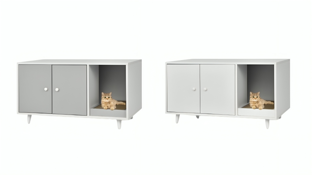 Costway Wood Coffee Table Cat Litter Storage Cabinet House with 2-Door/Divider/Scratching Pad