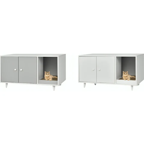 Costway Wood Coffee Table Cat Litter Storage Cabinet House with 2-Door/Divider/Scratching Pad