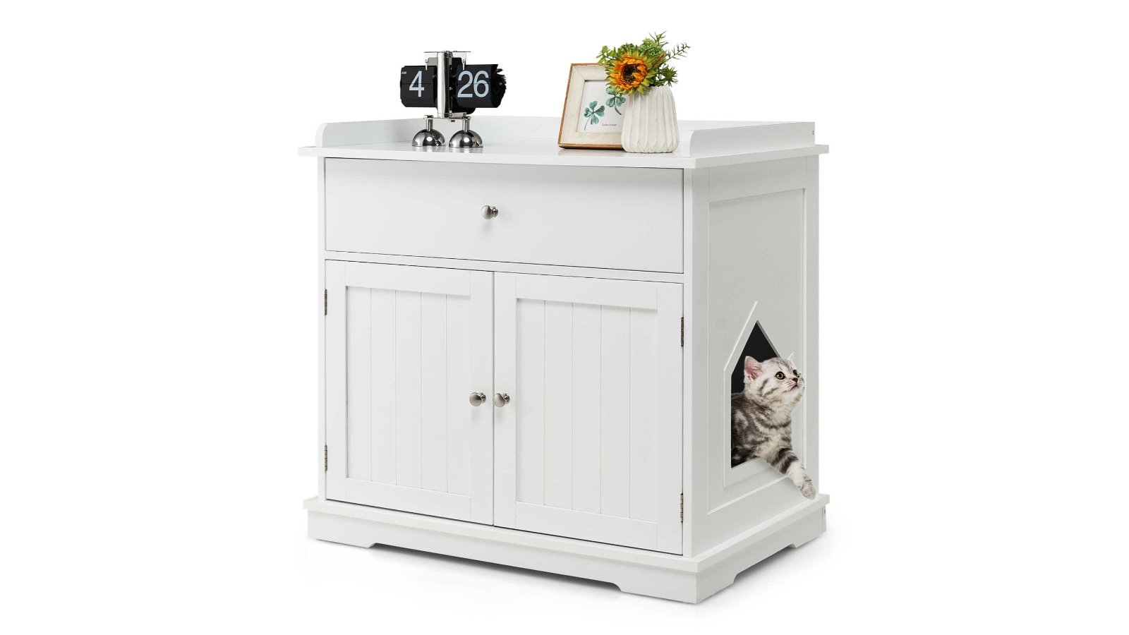 Costway Wood Side Table Cat Litter Cabinet House with 2-Door and Drawer