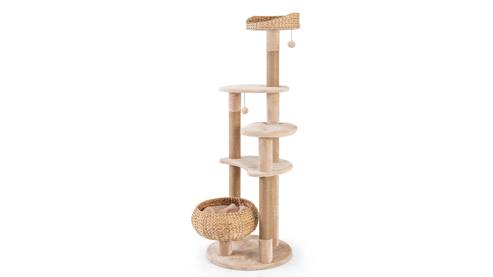 Costway 164cm Wooden Cat Scratching Post with Dangling Balls and Hand Made Basket Bed - Beige