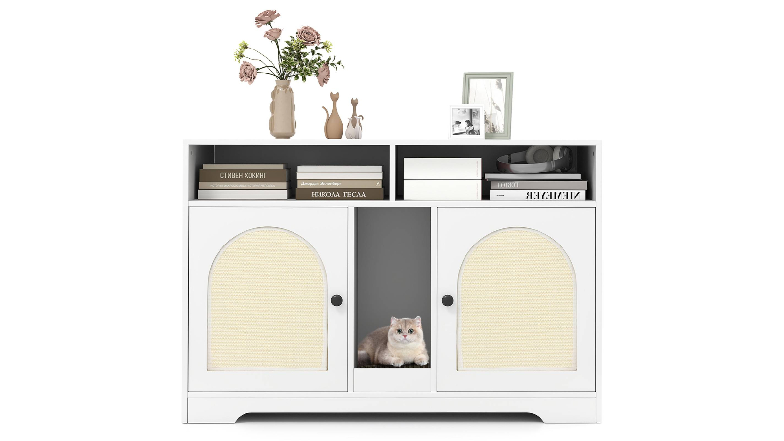 Costway 2-Cat Litter Box Enclosure with Scratching Board and Mats - 108cm