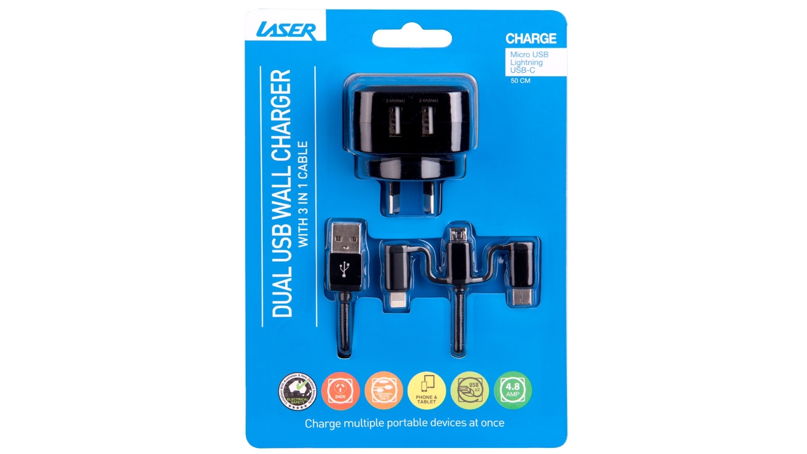 Laser Dual USB AC with 3 in 1 Charging Cable - Black