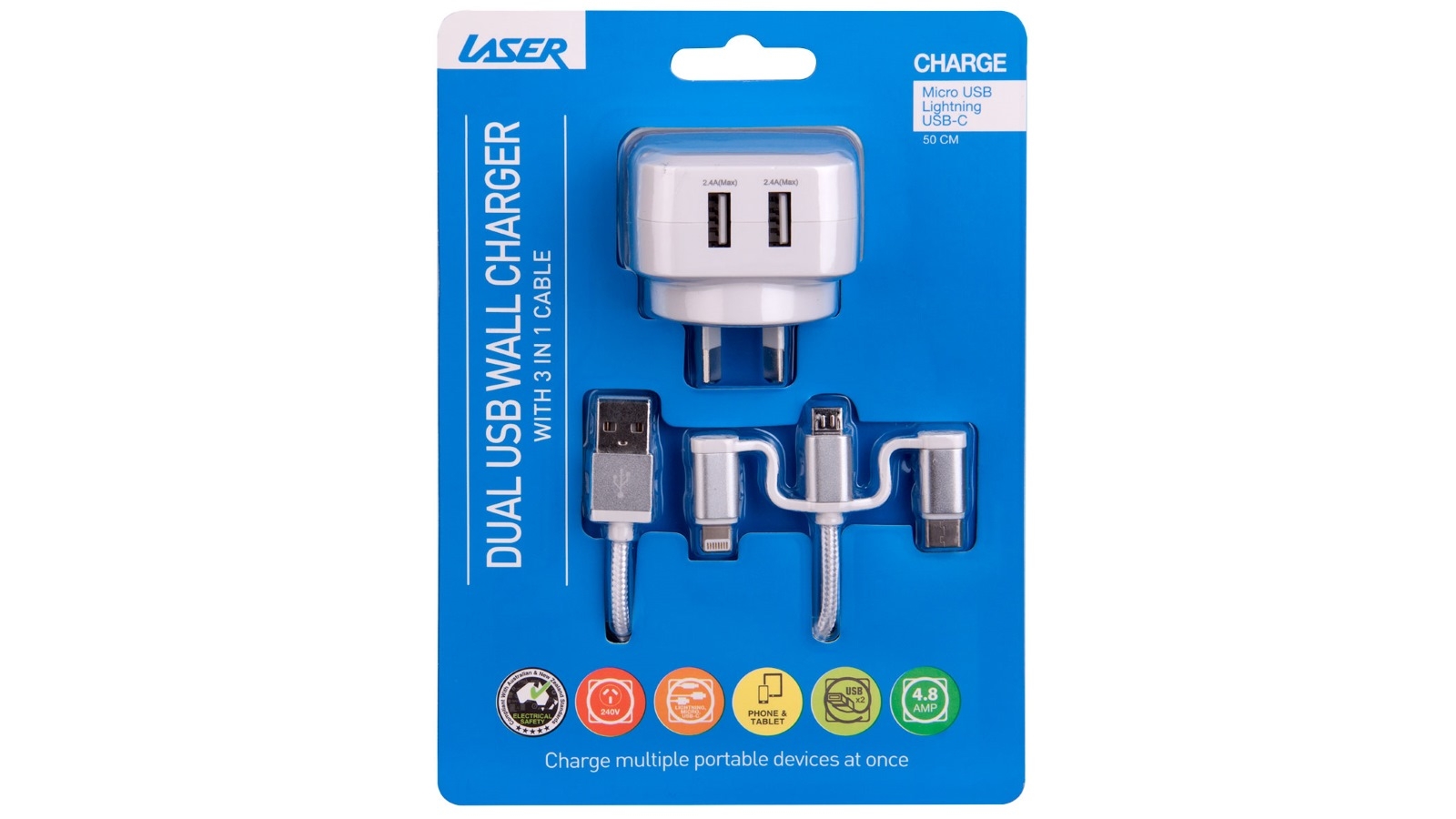 Laser Dual USB AC with 3 in 1 Charging Cable - White