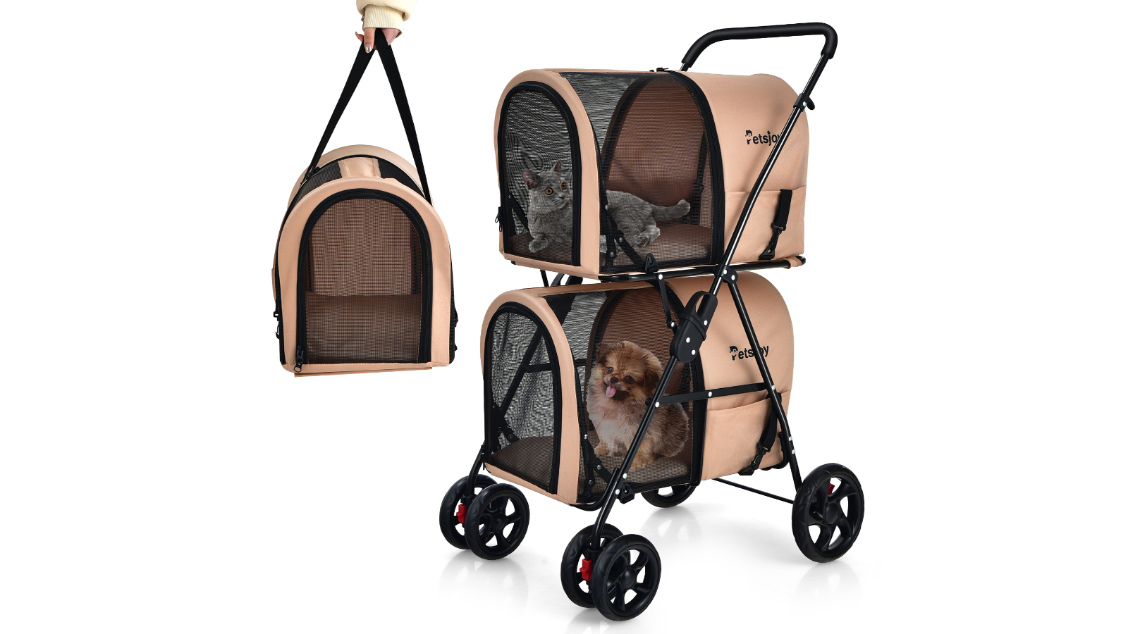 Costway 4-in-1 Double Layer Folding Travel Cart with Lockable Wheel - Beige