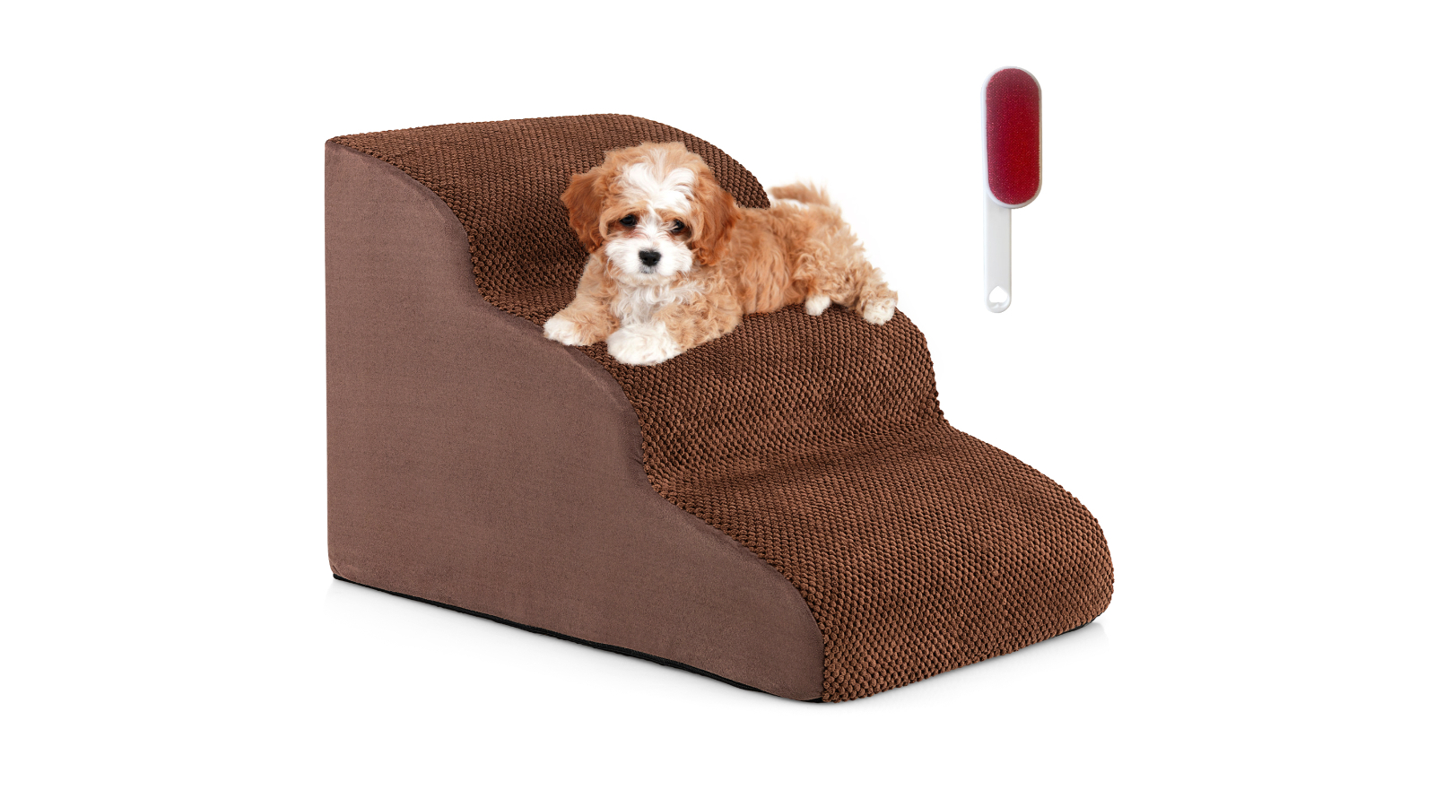 Costway 3-Tier Pet Ramp 3 Step Climbing Ladder with Hair Remover - Coffee