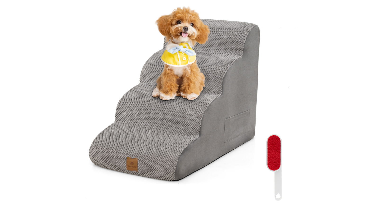 Costway 4-Tier Dog Step Ladder Non-Slip Pet Ramp with Hair Remover - Grey