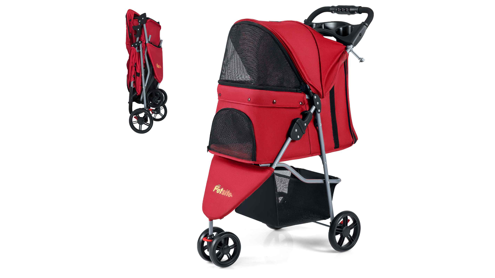 Costway 3-Wheel One-Click Travel Cart Carrier Pram Trailer Cage Pet Stroller - Red