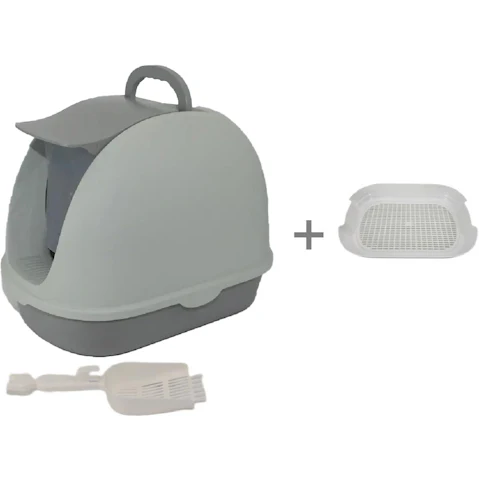 YES4PETS Portable Hooded Cat Toilet Litter Box Tray House with Scoop and Grid Tray - Grey