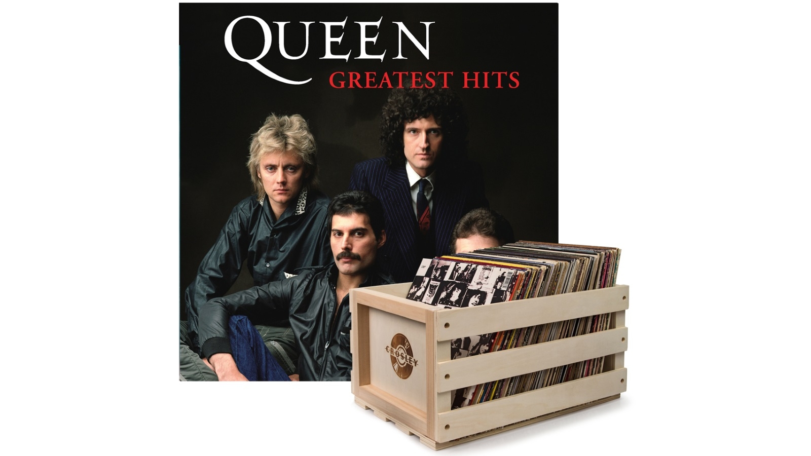 Crosley Record Storage Crate and Queen Greatest Hits - Double Vinyl Album Bundle