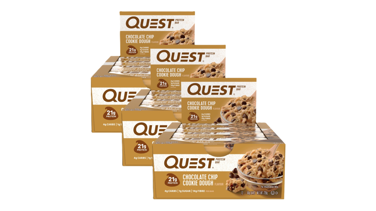 Quest 3 Piece 60g Chocolate Chip Cookie Dough Protein Bar - Pack of 12 ...