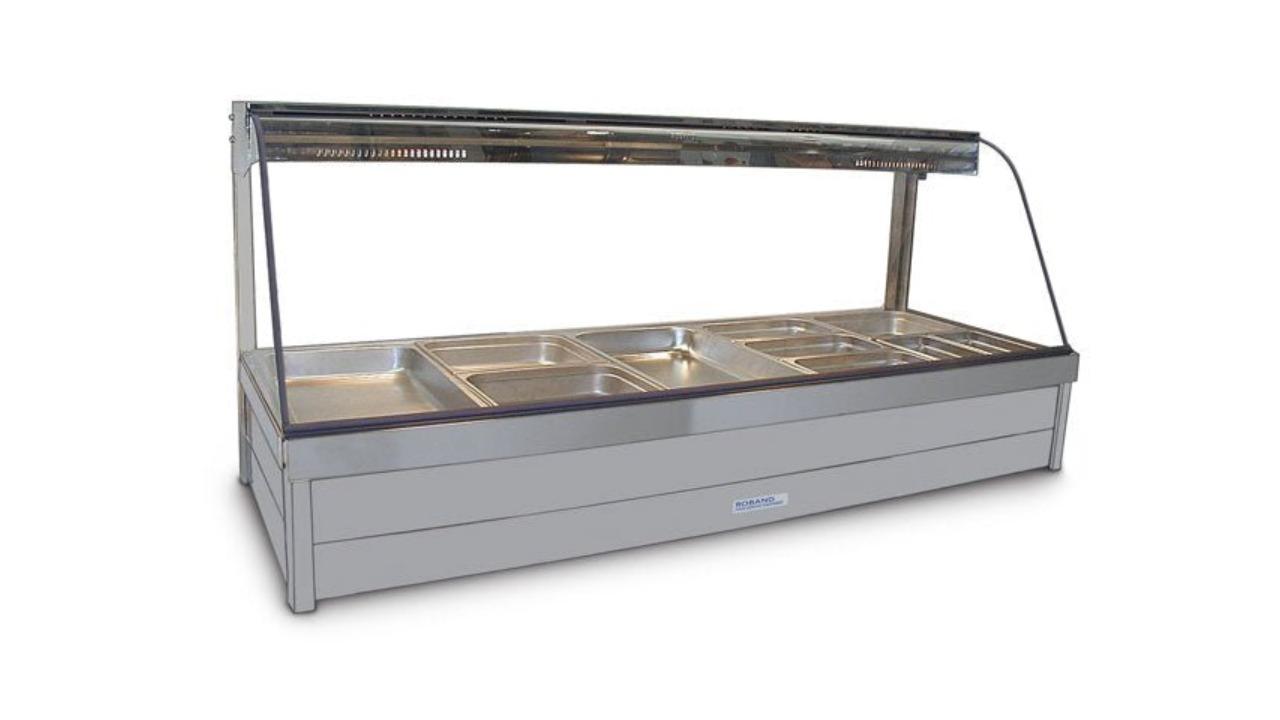 Roband Curved Glass Hot Food Display Bar and 10 Pans Double Row with Roller Door