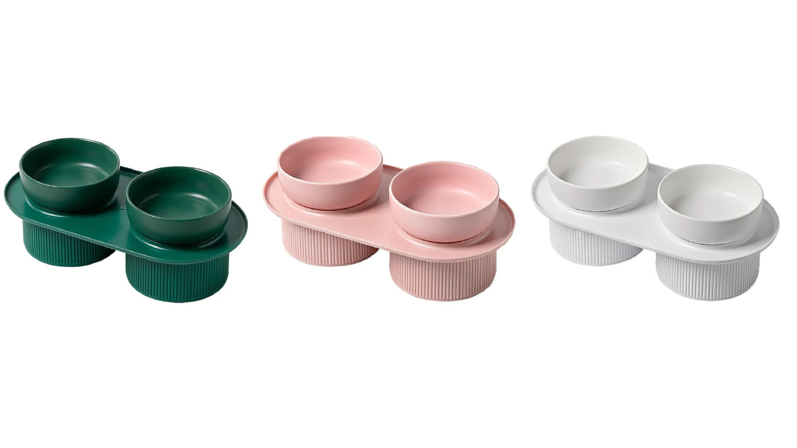 Housepets 3 Piece Ribbed Ceramic Double Pet Bowl Set