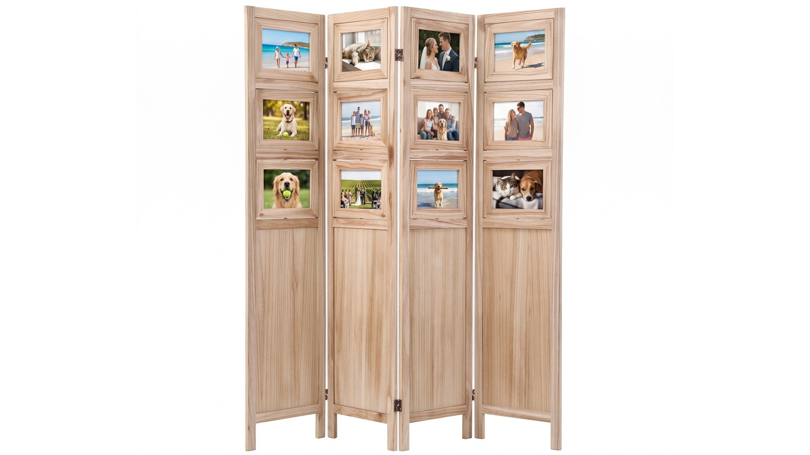 Artiss 4 Panel Folding Privacy Screen Room Divider with Rotatable Photo Collage Display - Natural