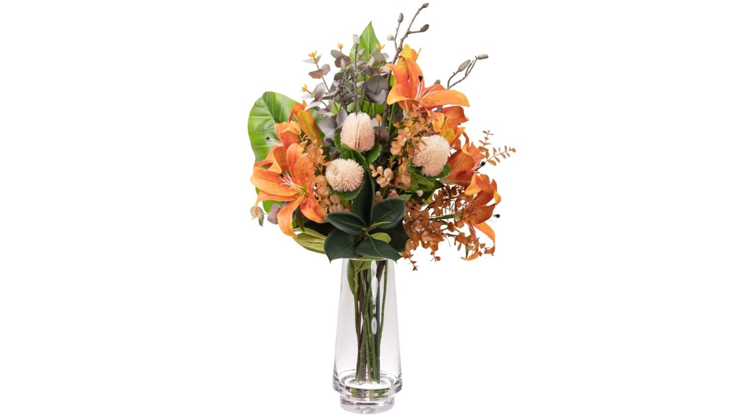 Glamorous Fusion Orange Lily Artificial Faux Flower Mixed Arrangement in Vase - 80cm