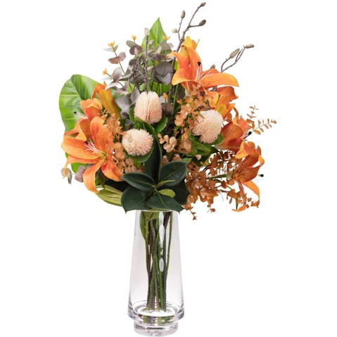 Glamorous Fusion Orange Lily Artificial Faux Flower Mixed Arrangement in Vase - 80cm