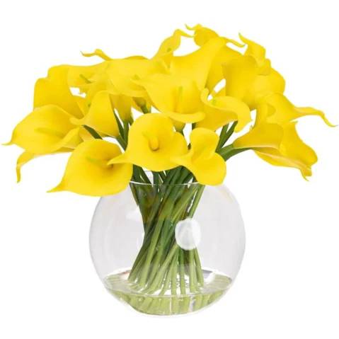 Glamorous Fusion Yellow Calla Lily Artificial Faux Flower in Fishbowl Vase - 27cm