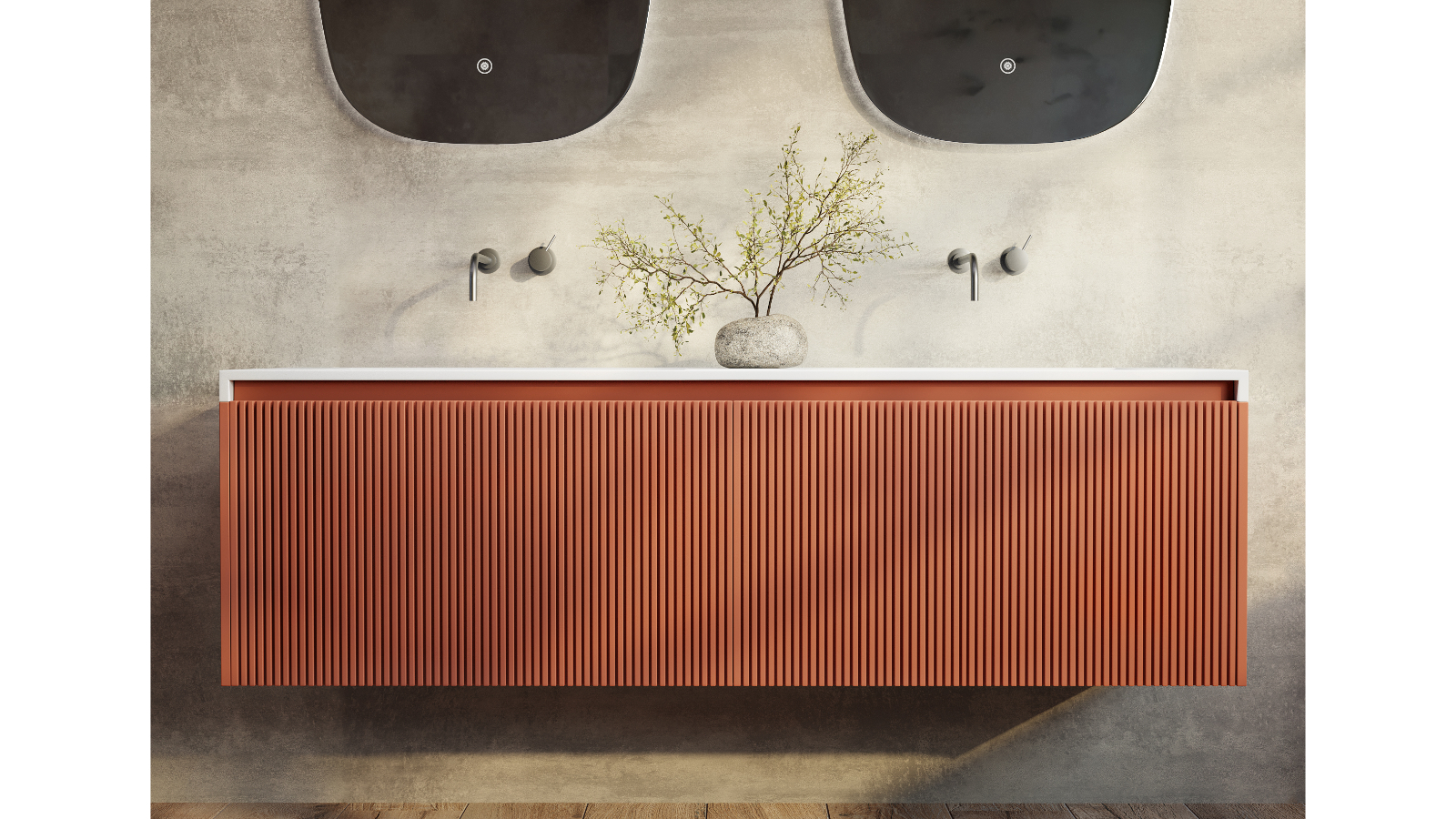 BelBagno Rimini 1500 Wall-Hung Vanity With Double Bowl Solid Surface Top - Potter's Clay