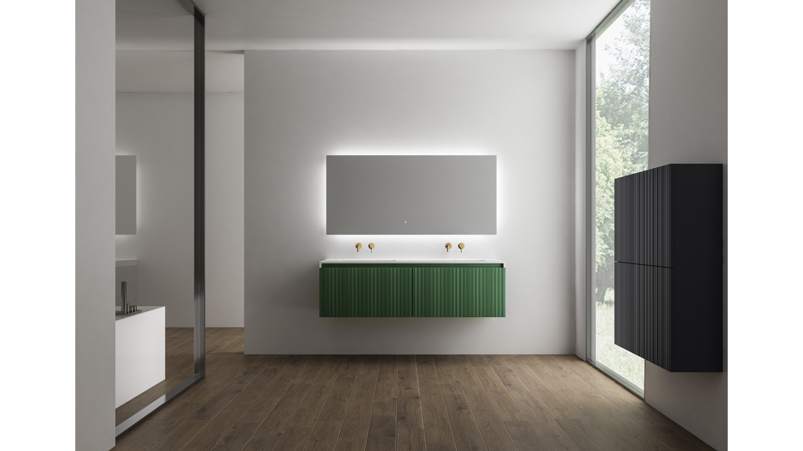 BelBagno Rimini 1500 Wall-Hung Vanity With Double Bowl Solid Surface Top - Rain Forest