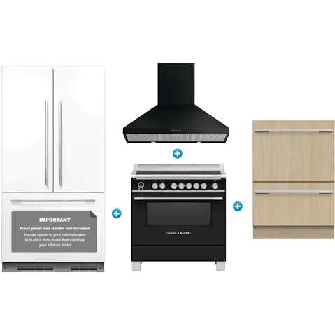 Fisher & Paykel 476L French Door Fridge with Freestanding Induction Cooker, Canopy Rangehood & Double Dishdrawer Dishwasher