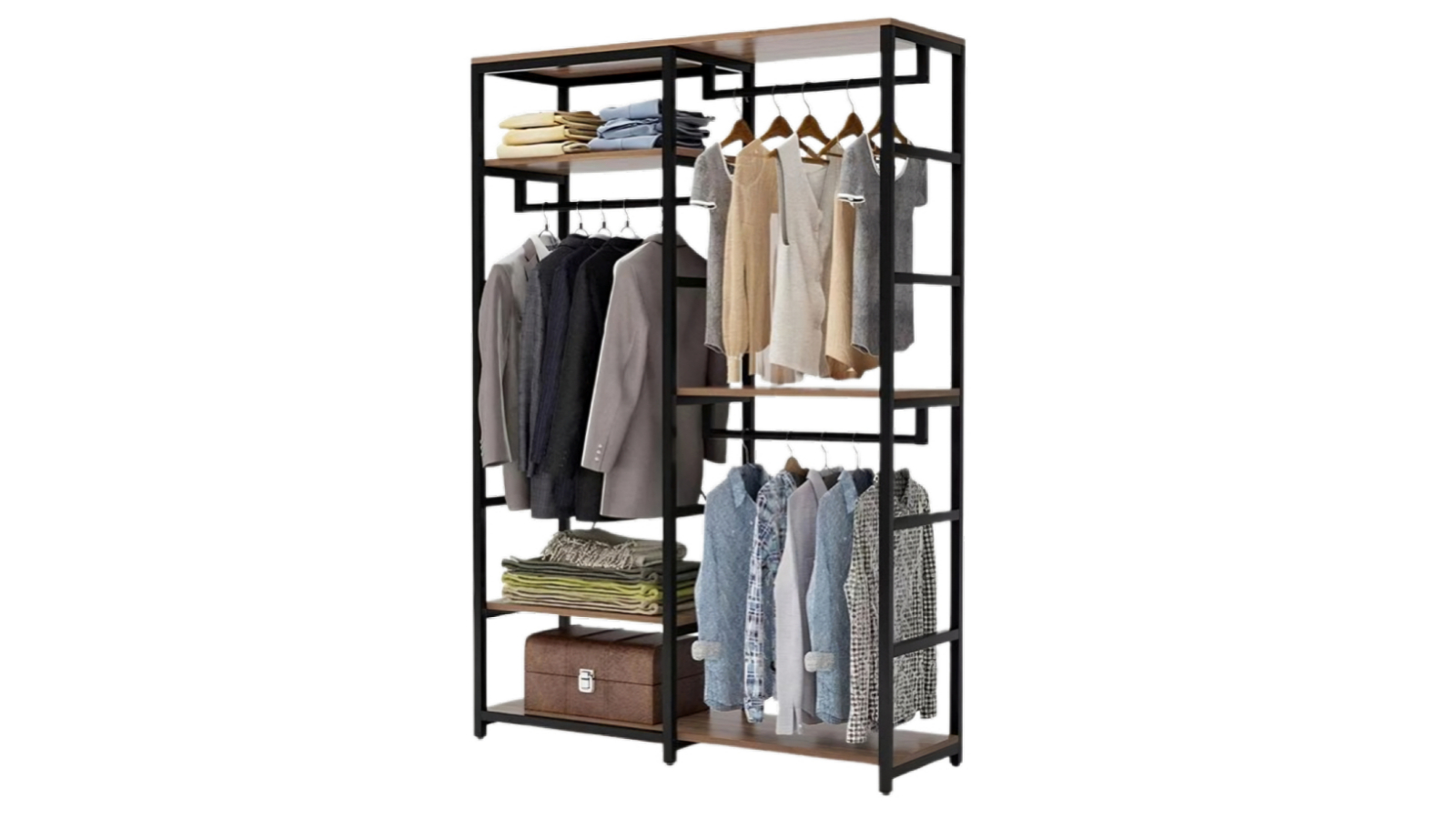 Pretty and Practical Heavy Duty Clothes Rack with 3 Hanging Rod and Organizer Shelve