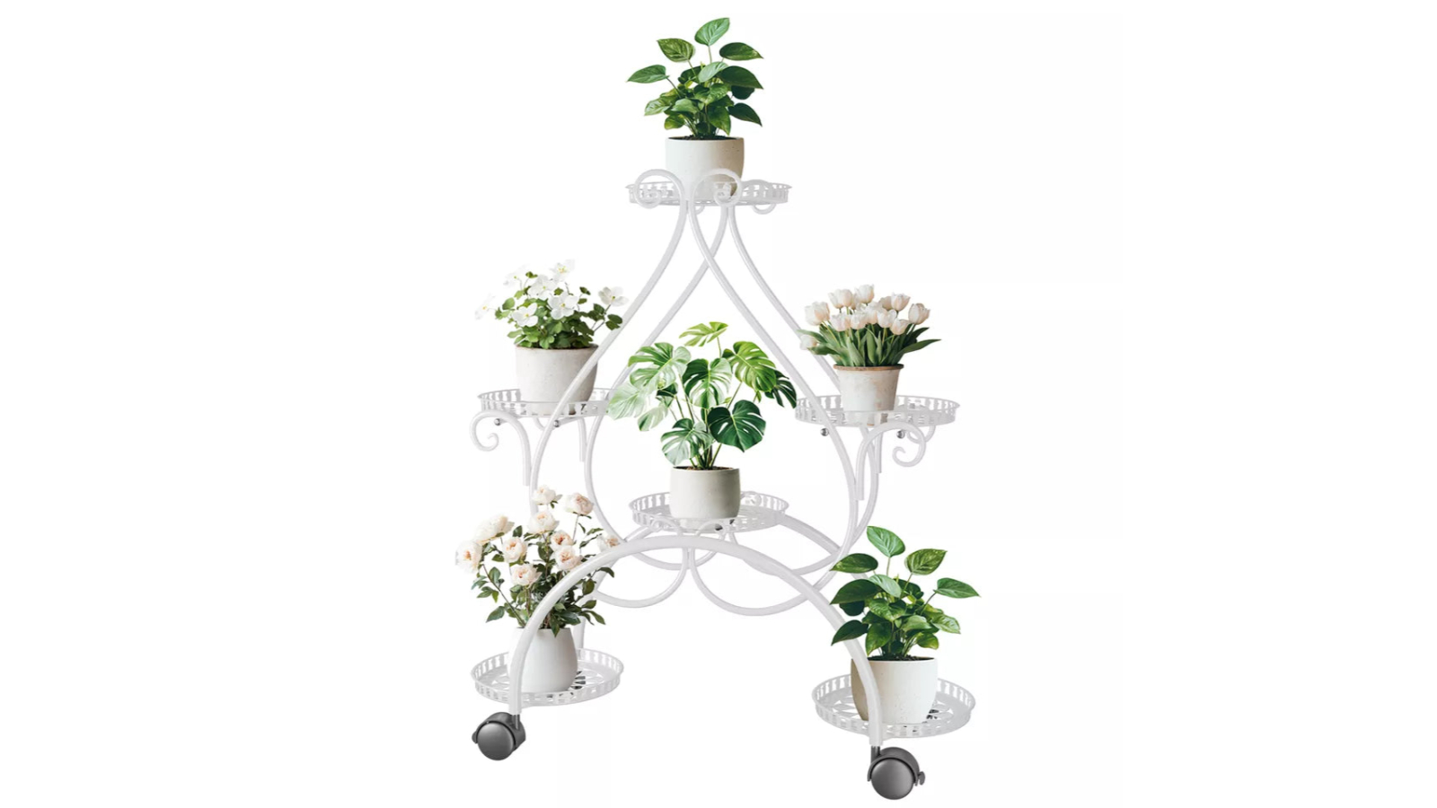 Pretty & Practical 6-Pot Metal Plant Stand with Wheels - White