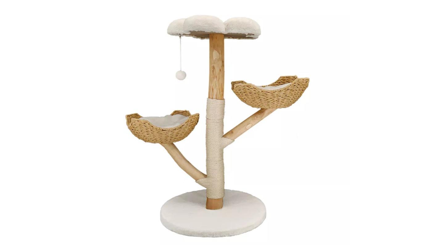 Pretty & Practical Solid Wood Cat Tree with 3 Branches and Basket