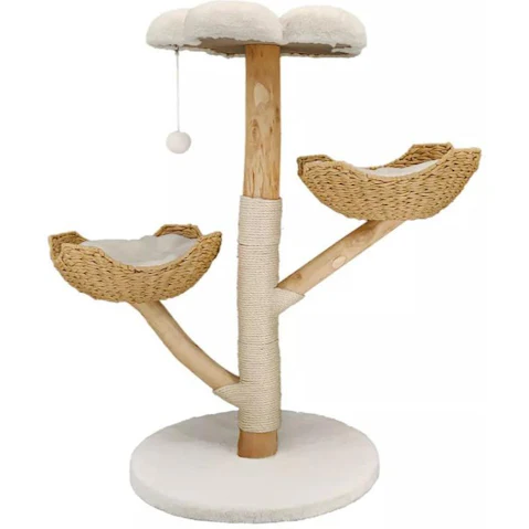 Pretty & Practical Solid Wood Cat Tree with 3 Branches and Basket