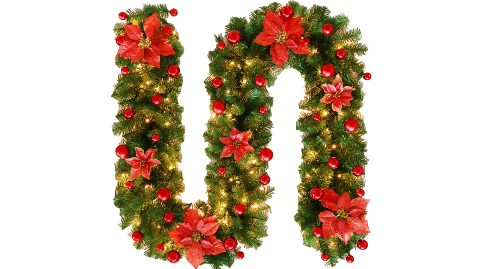 NNEOBA 9ft Christmas LED Garland Wreath with Holly Baubles and Glitter Finish - Red