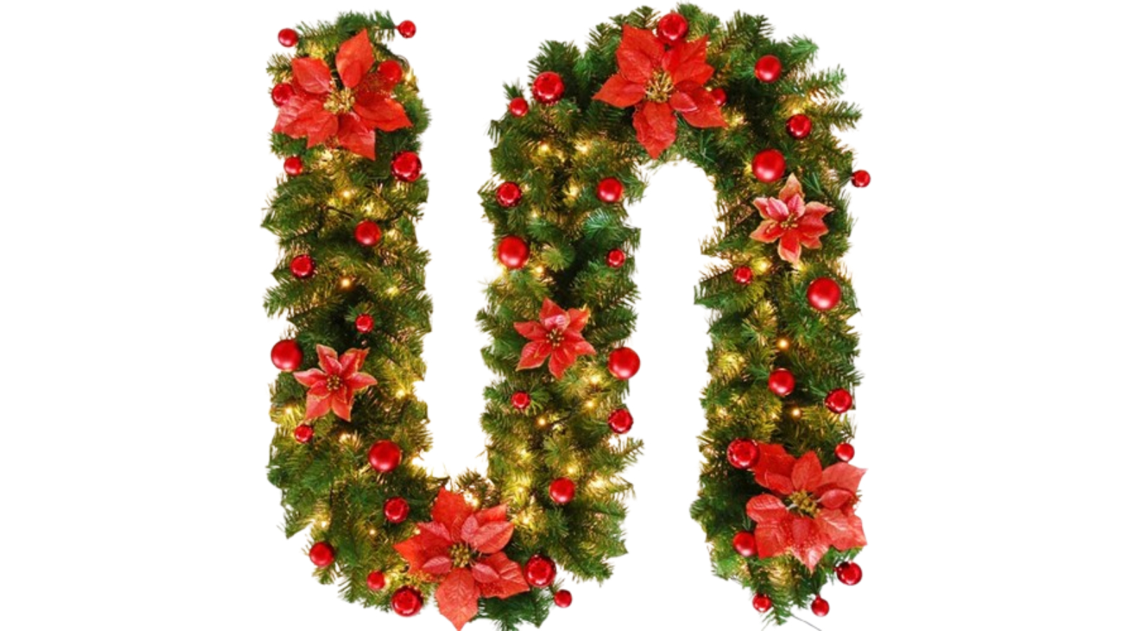 NNEOBA 9ft Christmas Wreath with Holly Baubles and Glitter Finish - Red