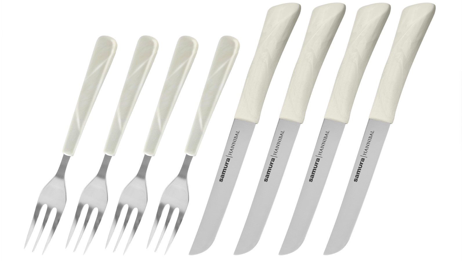 Samura HANNIBAL Set for 4 Steak Knife and Fork with White Handle