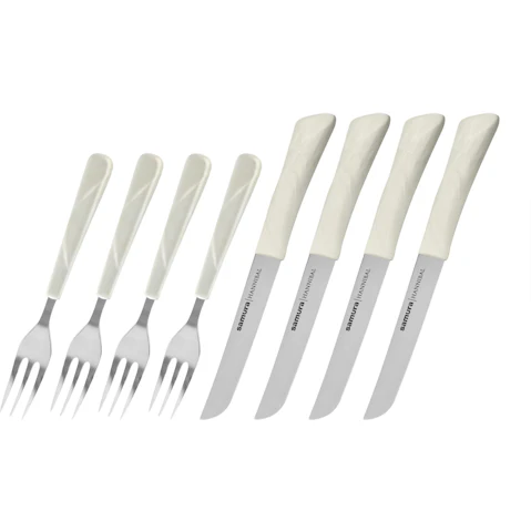 Samura HANNIBAL Set for 4 Steak Knife and Fork with White Handle