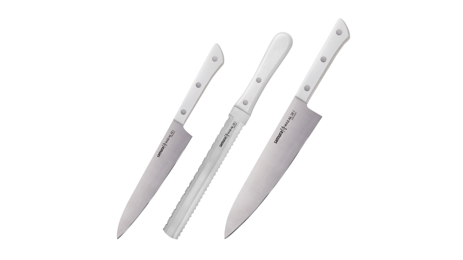 Samura Harakiri Kitchen Knife with White Handle for Bread and Frozen Food - Set of 3