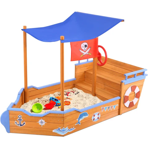 Keezi Sandpit Boat with Canopy - Natural Wood